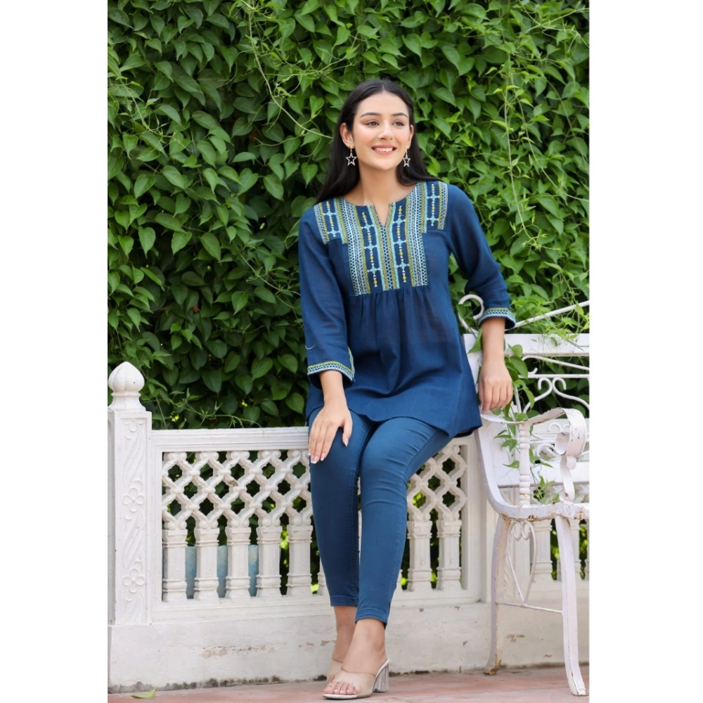 Women's Cotton Embroidered 3/4 Sleeve V-Neck Top (Navy Blue) - Image 2