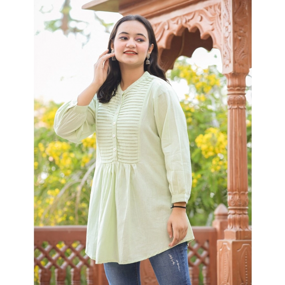 Women's Cotton Solid Full Sleeve Band collar Tunic (Green) - Image 4