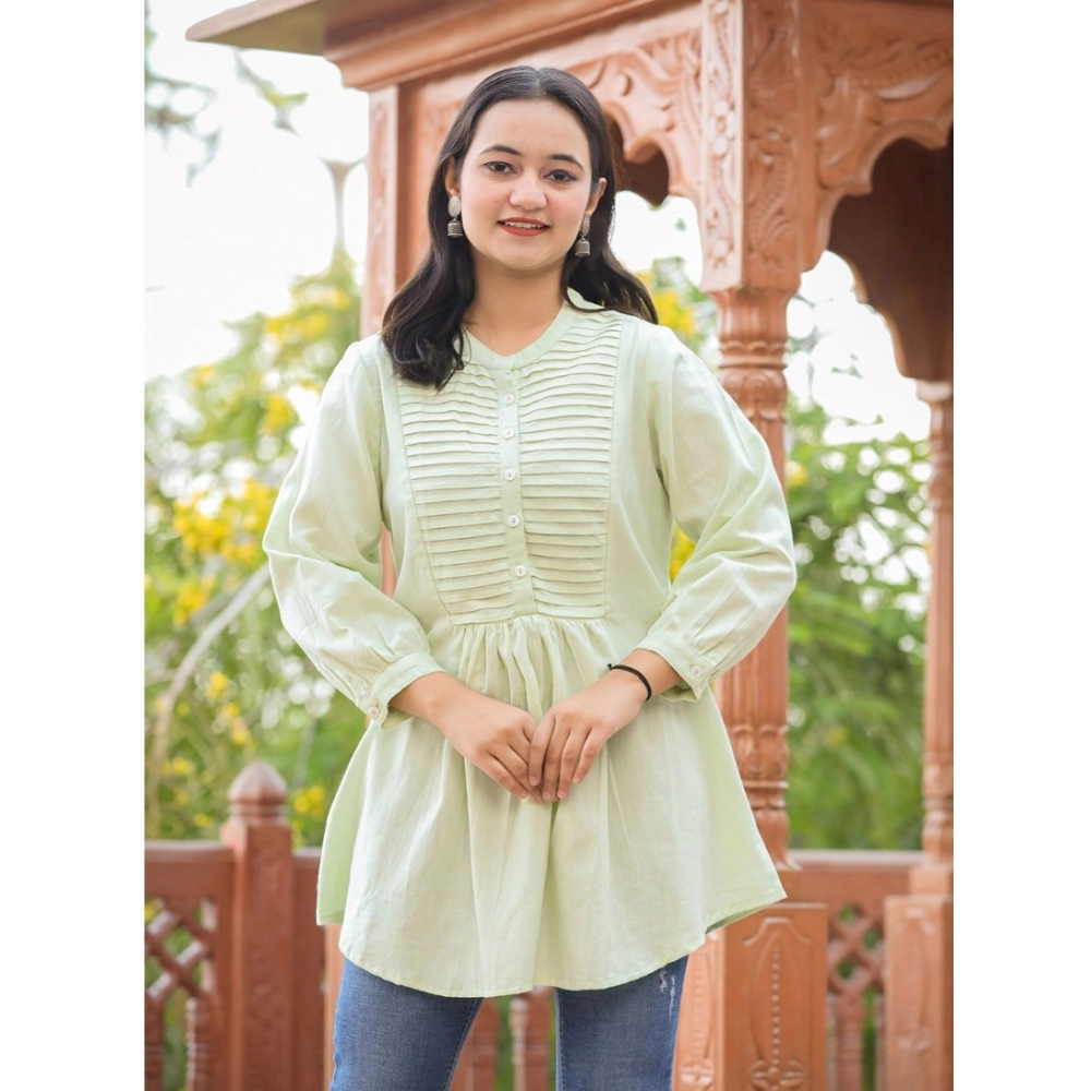 Women's Cotton Solid Full Sleeve Band collar Tunic (Green) - Image 7
