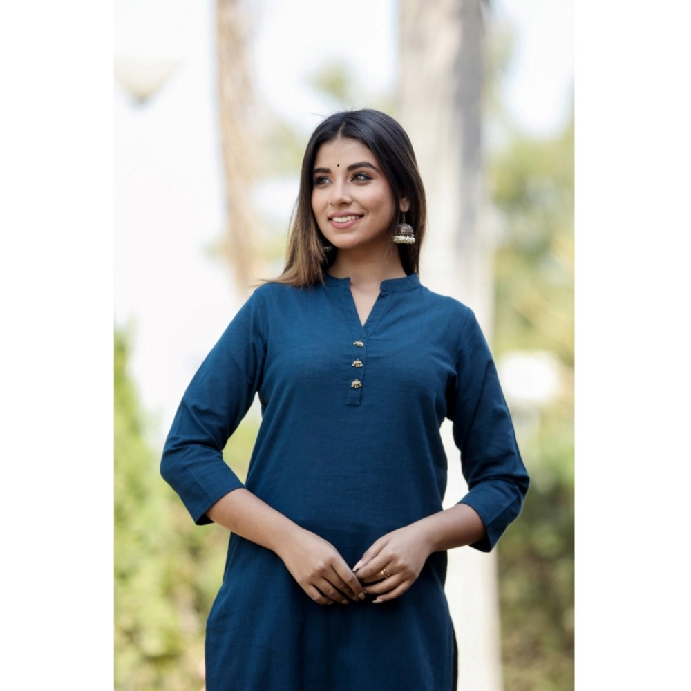 Women's Cotton Solid 3/4 Sleeve Mandarin collar Kurti (Blue) - Image 2