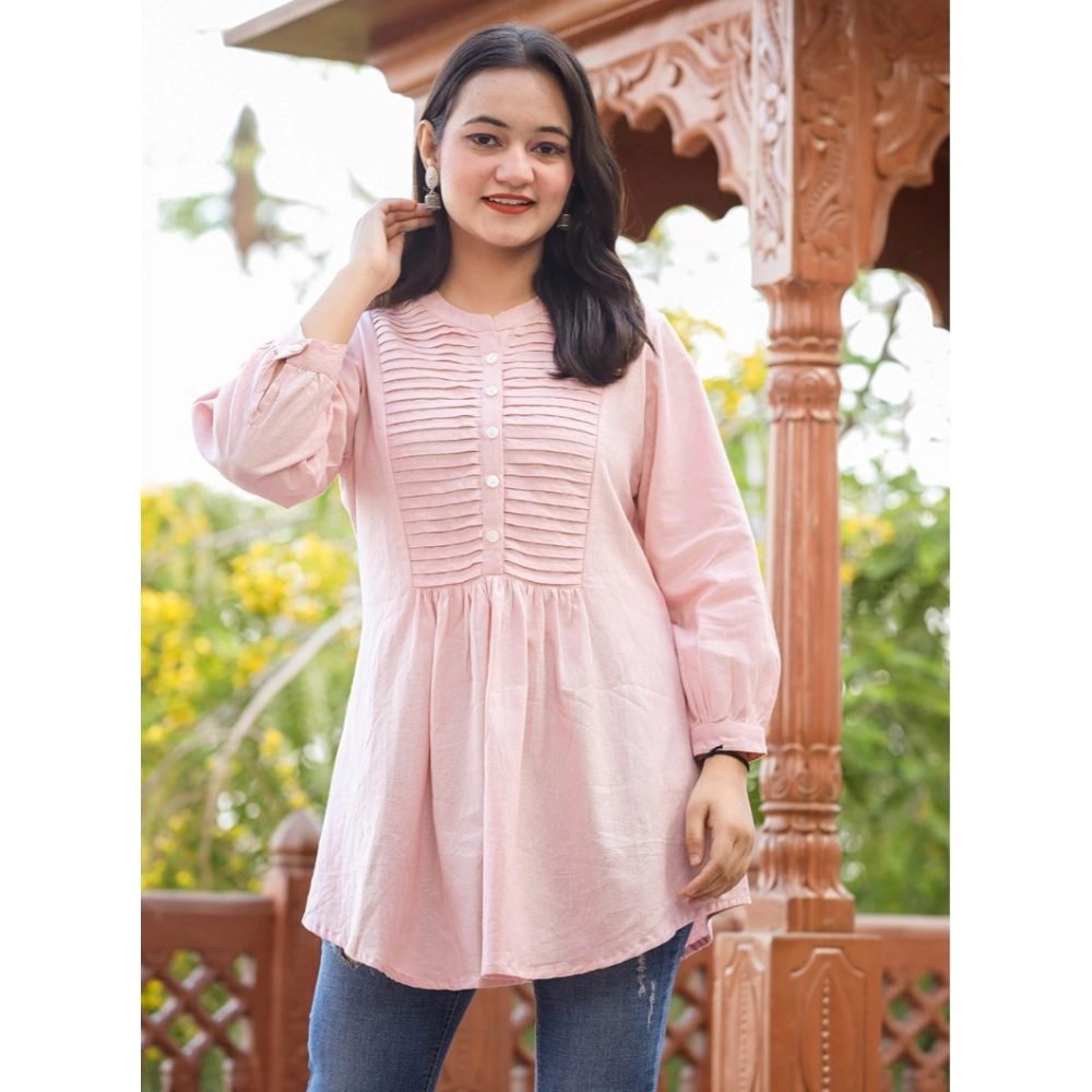 Women's Cotton Solid Full Sleeve Band collar Tunic (Peach) - Image 5
