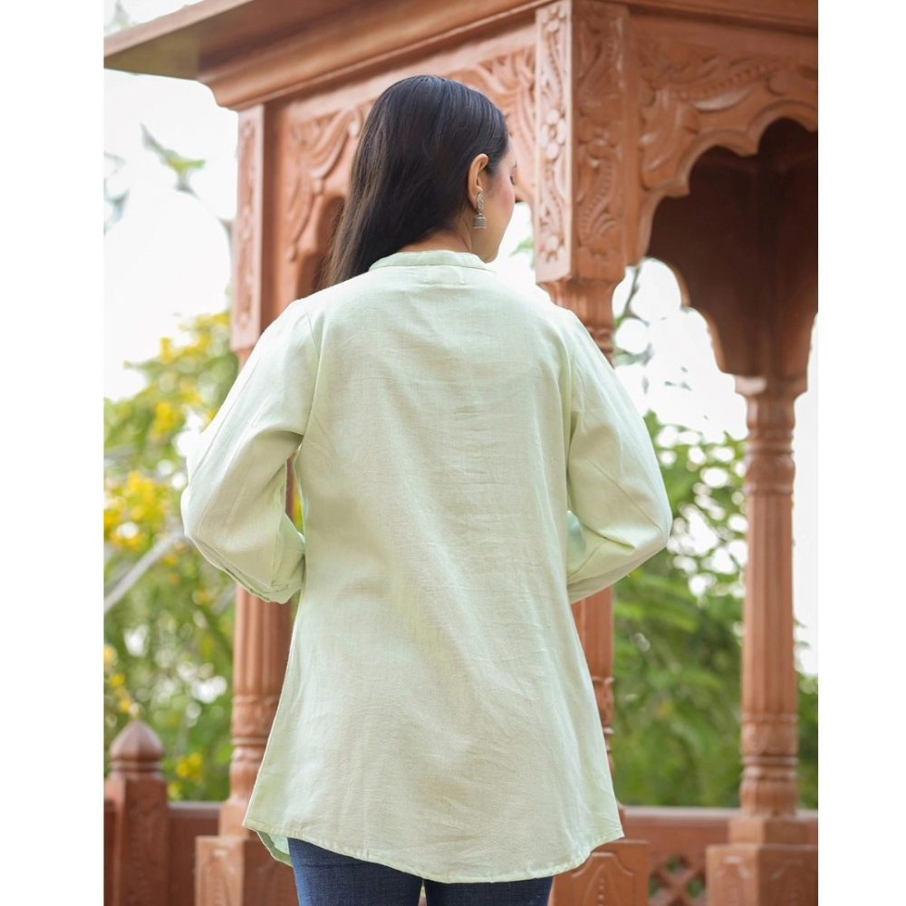 Women's Cotton Solid Full Sleeve Band collar Tunic (Green) - Image 5