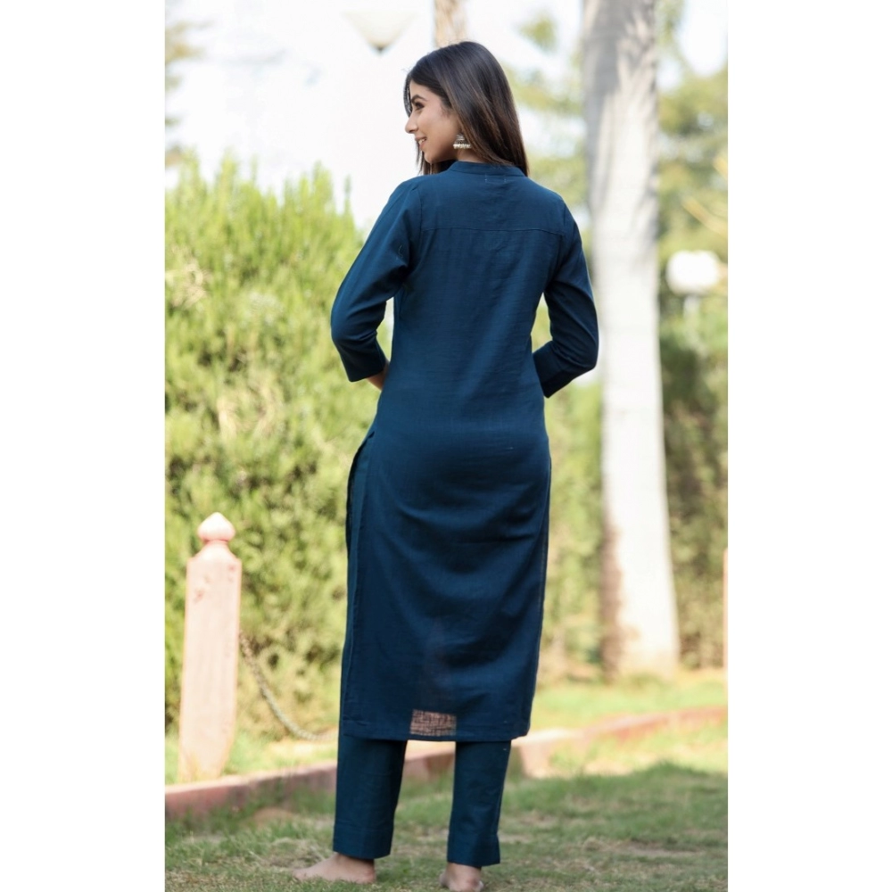 Women's Cotton Solid 3/4 Sleeve Mandarin collar Kurti (Blue) - Image 5