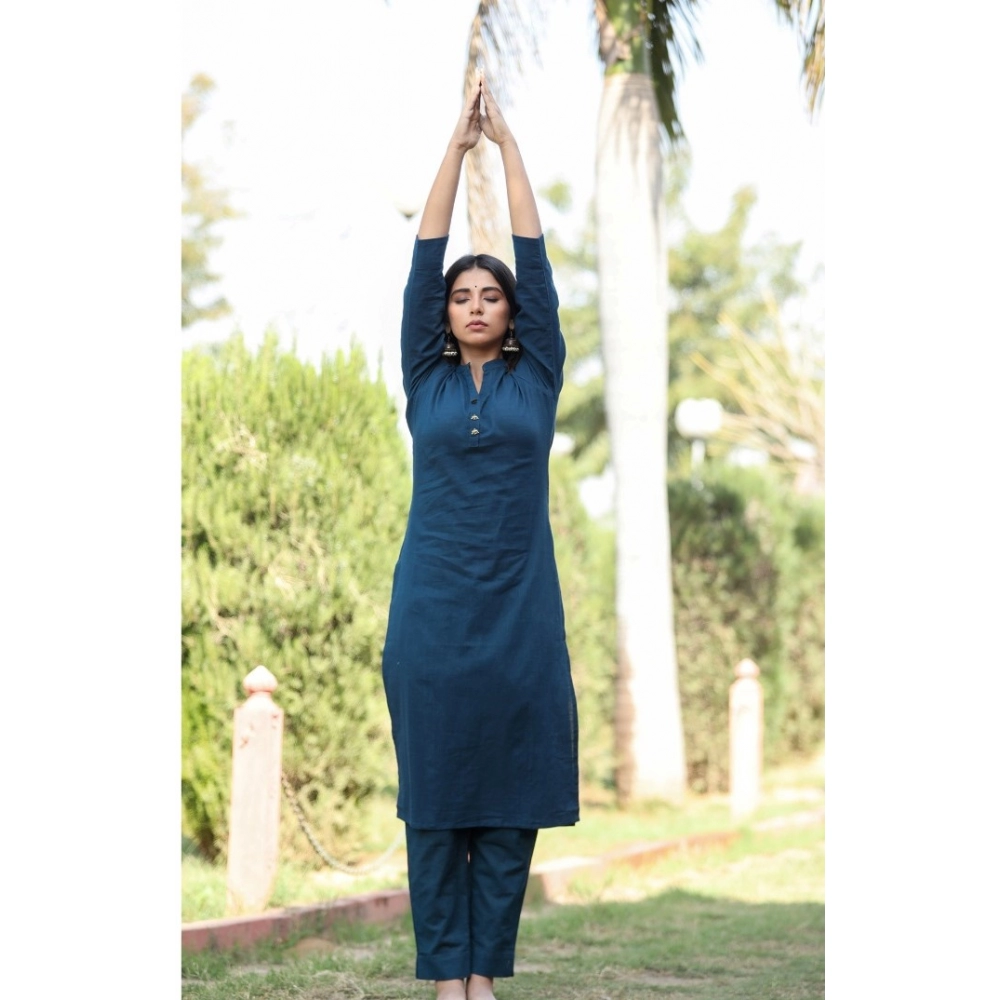 Women's Cotton Solid 3/4 Sleeve Mandarin collar Kurti (Blue) - Image 7
