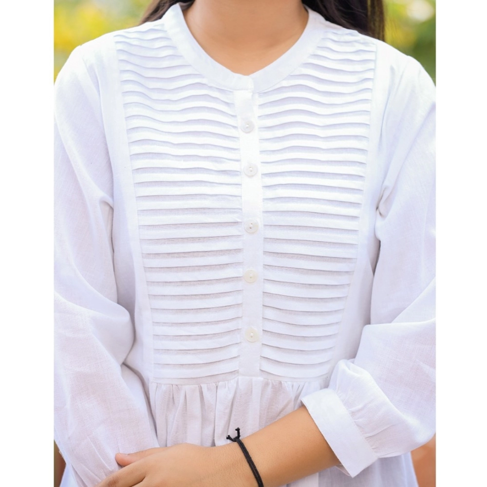 Women's Cotton Solid Full Sleeve Band collar Tunic (White) - Image 2