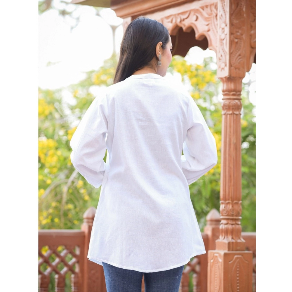 Women's Cotton Solid Full Sleeve Band collar Tunic (White) - Image 5