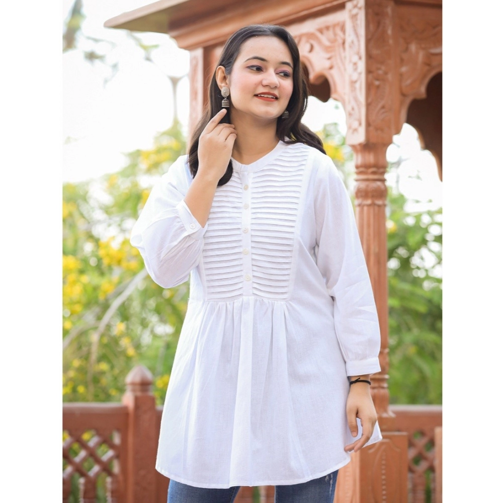 Women's Cotton Solid Full Sleeve Band collar Tunic (White) - Image 7