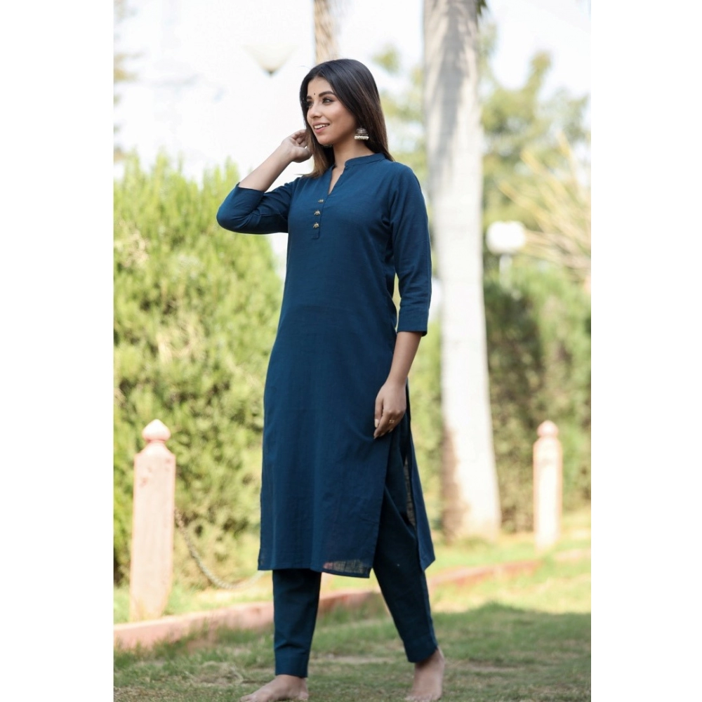 Women's Cotton Solid 3/4 Sleeve Mandarin collar Kurti (Blue) - Image 4
