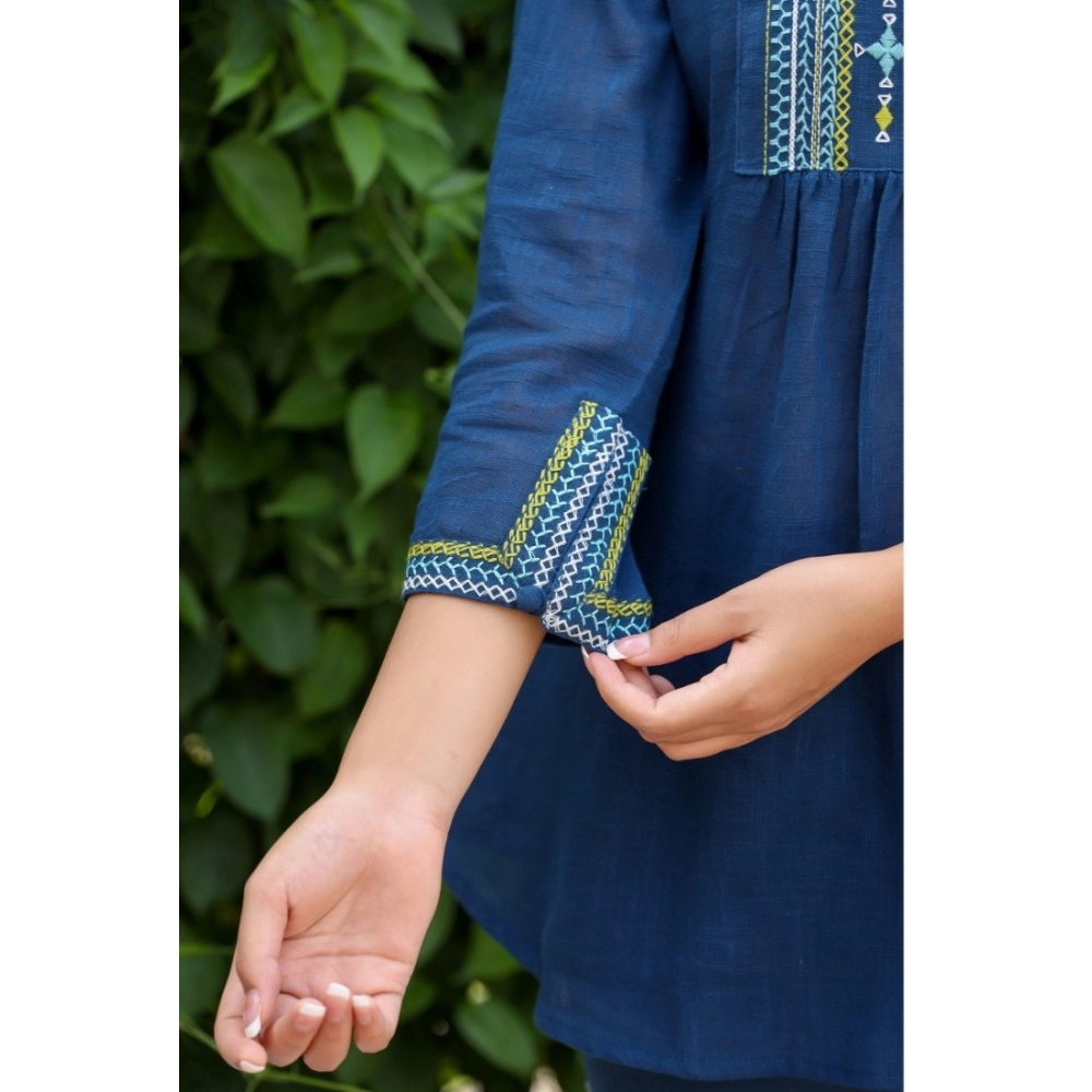 Women's Cotton Embroidered 3/4 Sleeve V-Neck Top (Navy Blue) - Image 5