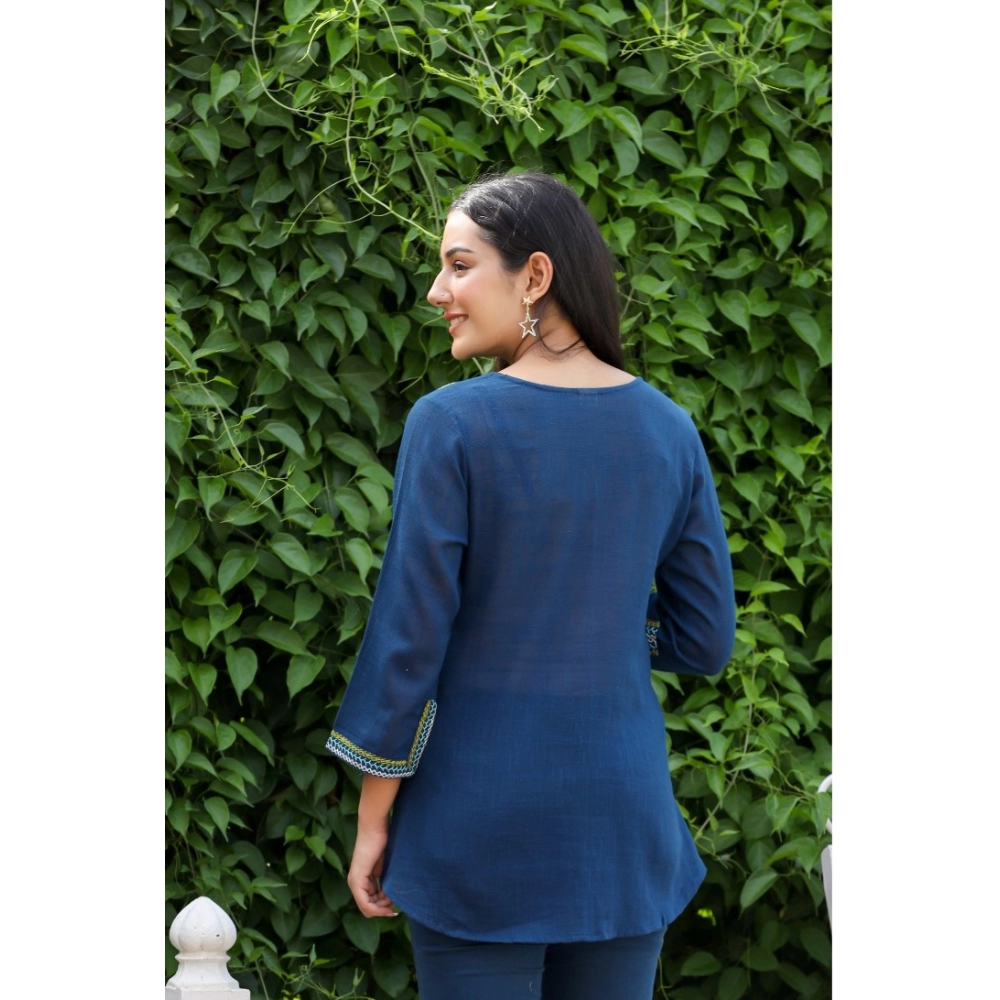 Women's Cotton Embroidered 3/4 Sleeve V-Neck Top (Navy Blue) - Image 7