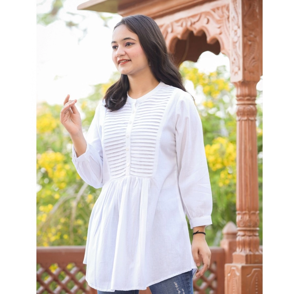 Women's Cotton Solid Full Sleeve Band collar Tunic (White) - Image 3