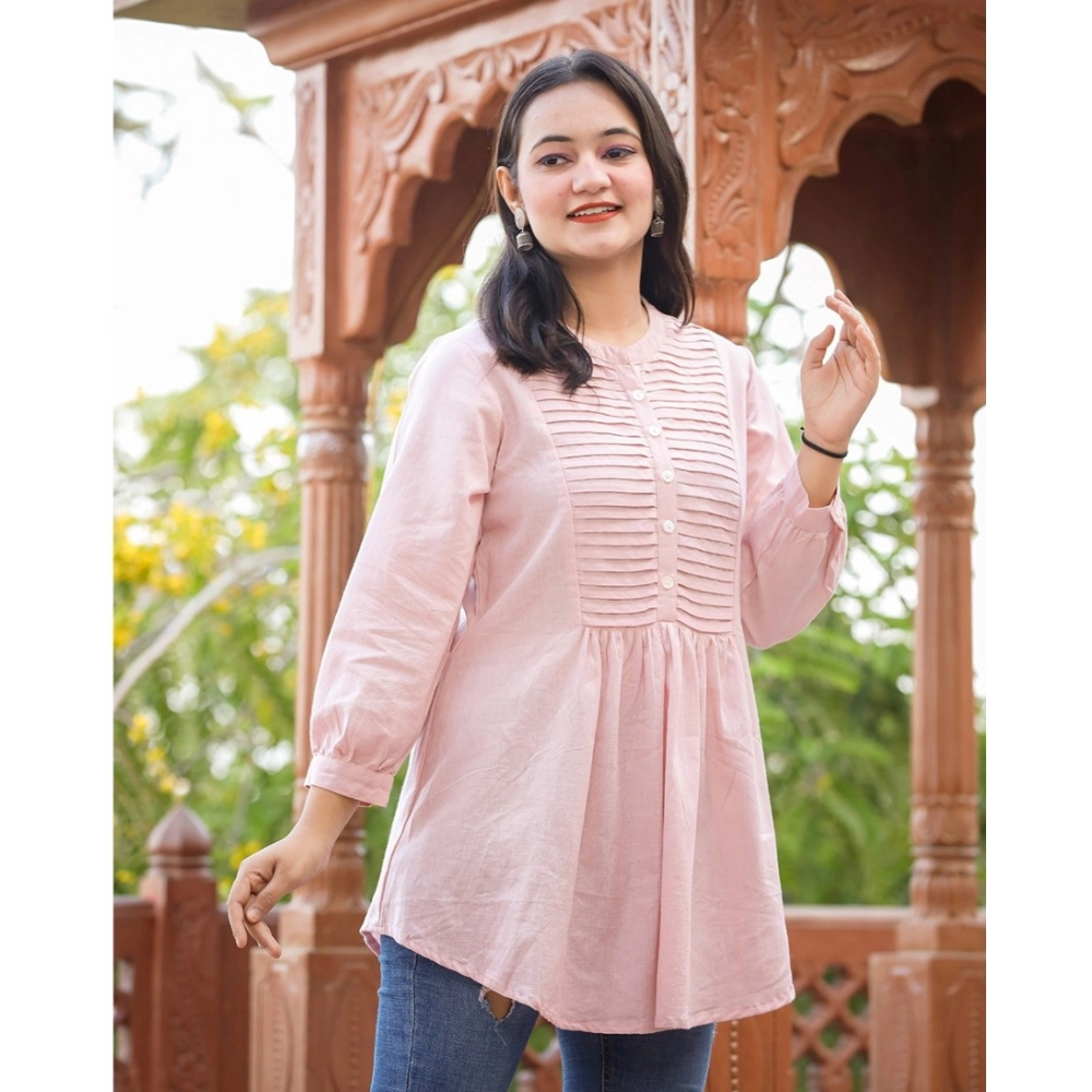 Women's Cotton Solid Full Sleeve Band collar Tunic (Peach) - Image 2