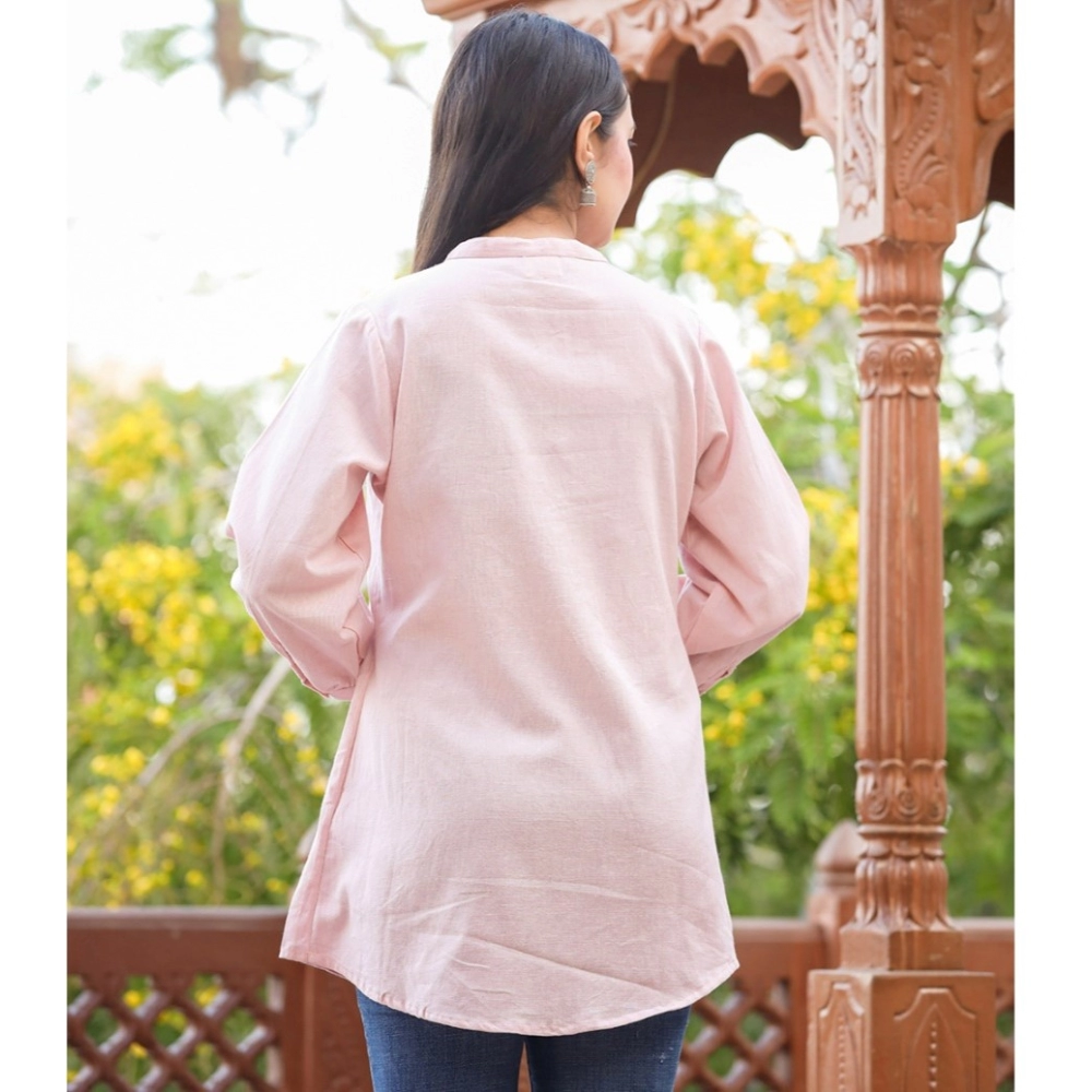 Women's Cotton Solid Full Sleeve Band collar Tunic (Peach) - Image 3