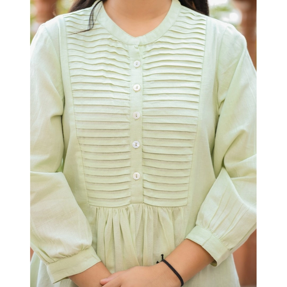 Women's Cotton Solid Full Sleeve Band collar Tunic (Green) - Image 2