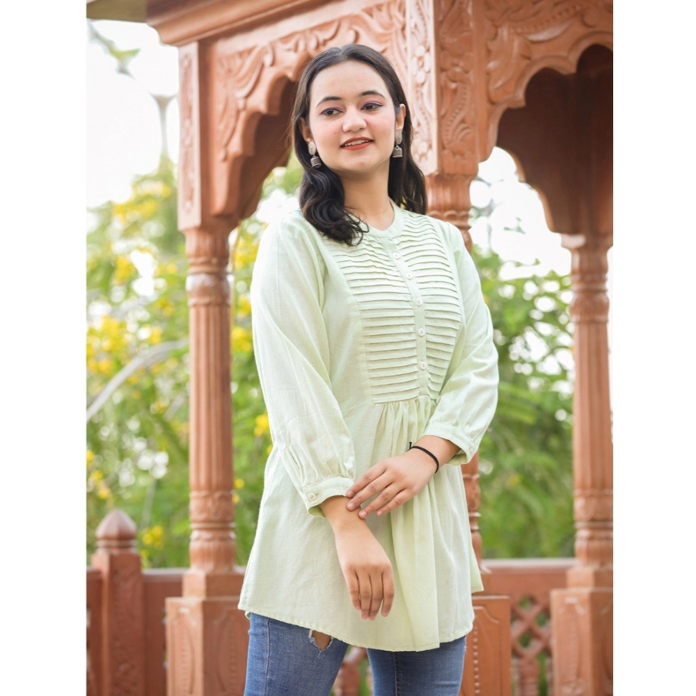 Women's Cotton Solid Full Sleeve Band collar Tunic (Green) - Image 3