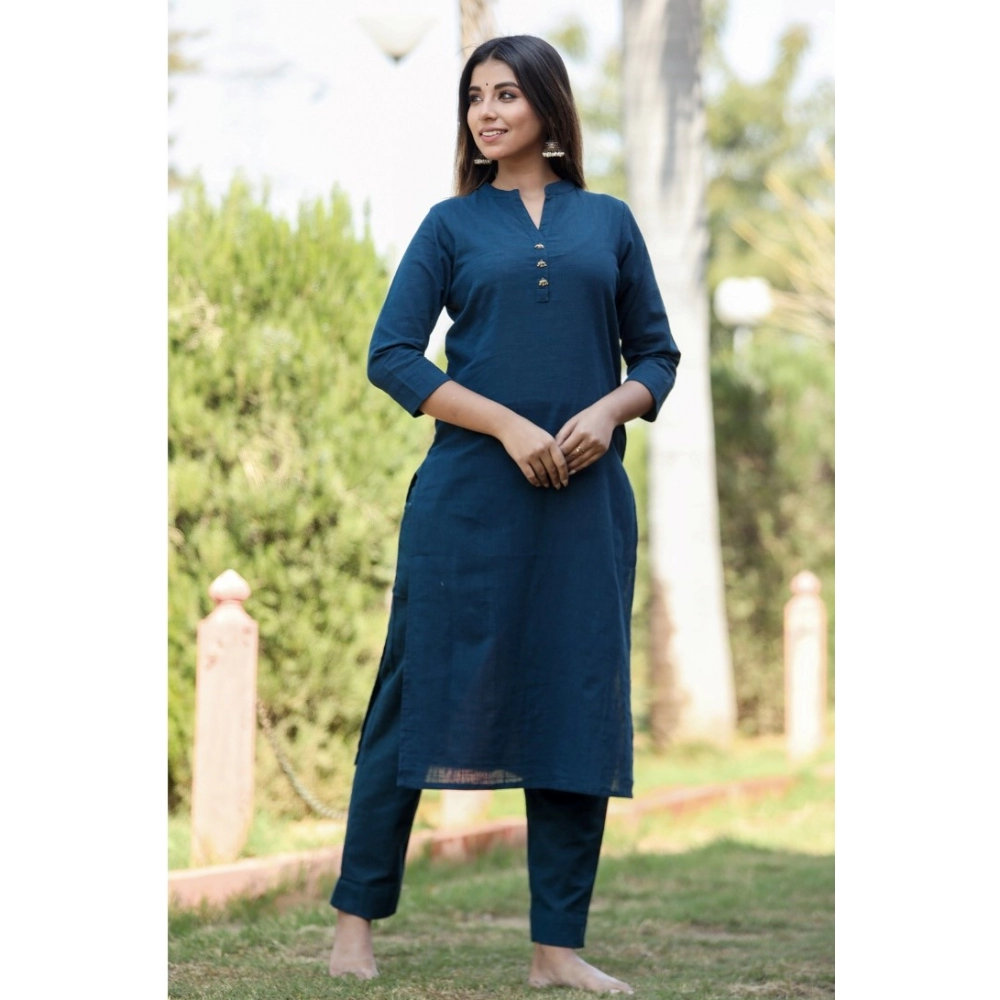 Women's Cotton Solid 3/4 Sleeve Mandarin collar Kurti (Blue) - Image 3