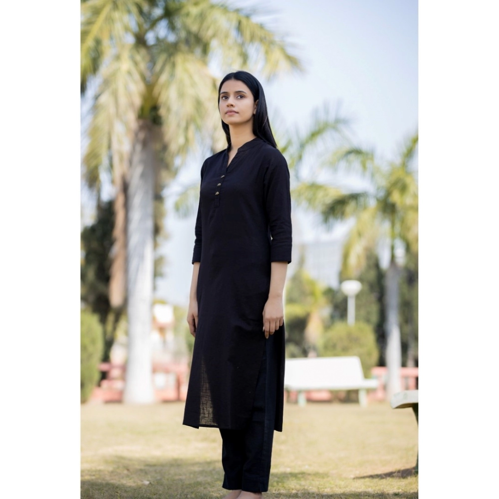 Women's Cotton Solid 3/4 Sleeve Mandarin collar Kurti (Black) - Image 2