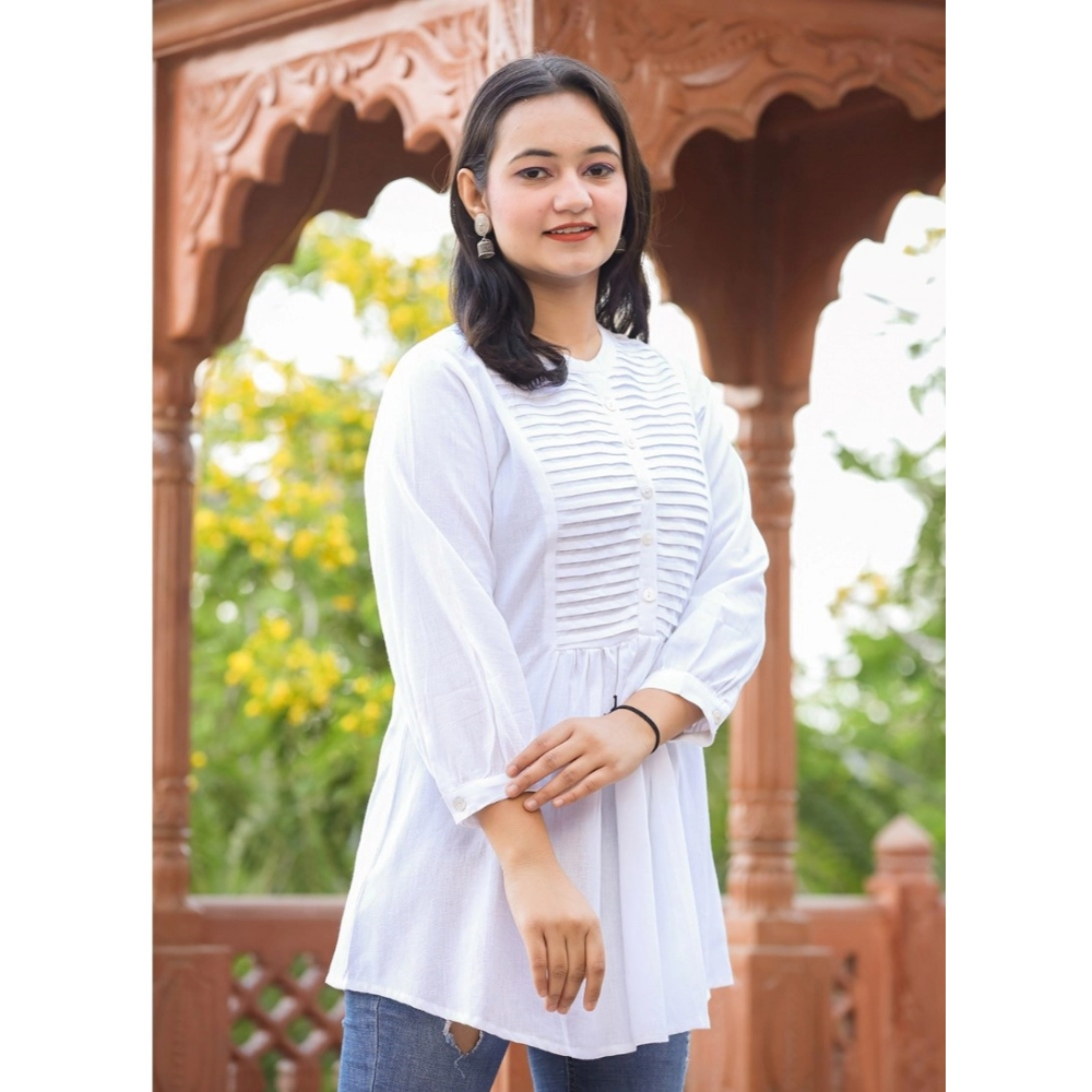 Women's Cotton Solid Full Sleeve Band collar Tunic (White) - Image 4
