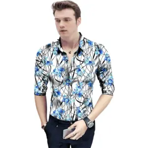 Men's Casual Floral Printed Cotton Blend Unstitched Shirt Fabric 1.6 Mtrs (Blue)