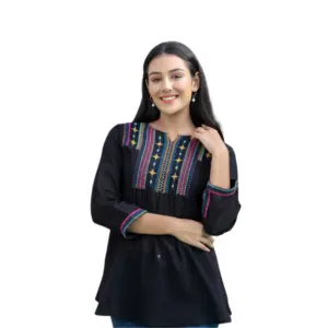 Women's Cotton Embroidered 3/4 Sleeve V-Neck Top (Black)