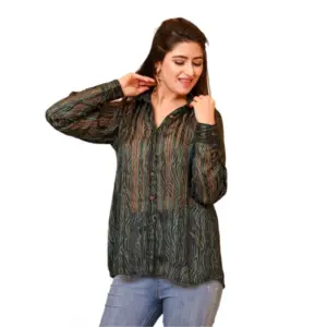 Women's Chiffon Striped Full Sleeve Collared Shirt Top (Green)