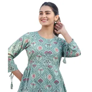 Women's Cotton Printed 3/4 Sleeve Round Neck Tunics (Green)