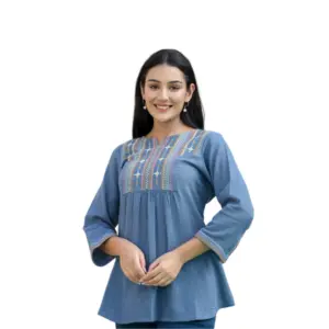Women's Cotton Embroidered 3/4 Sleeve V-Neck Top (Blue)
