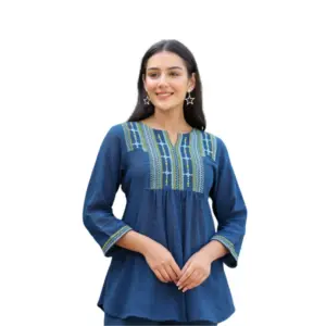 Women's Cotton Embroidered 3/4 Sleeve V-Neck Top (Navy Blue)