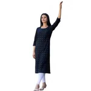 Women's Cotton Solid 3/4 Sleeve Round Neck Kurti (Black)