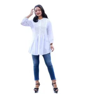 Women's Cotton Solid Full Sleeve Band collar Tunic (White)