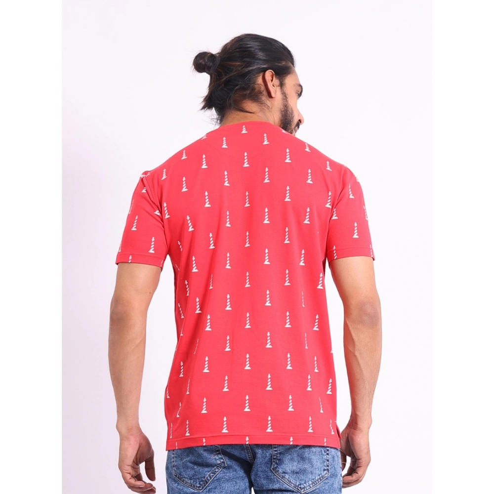 Men's Casual Cotton Printed Round Neck Half Sleeve T-Shirt (Red) - Image 2