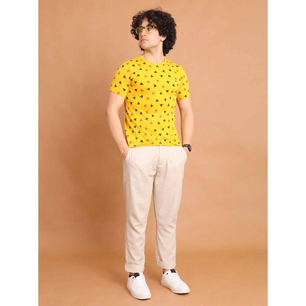 Men's Casual Cotton Printed Round Neck Half Sleeve T-Shirt (Yellow) - Image 7