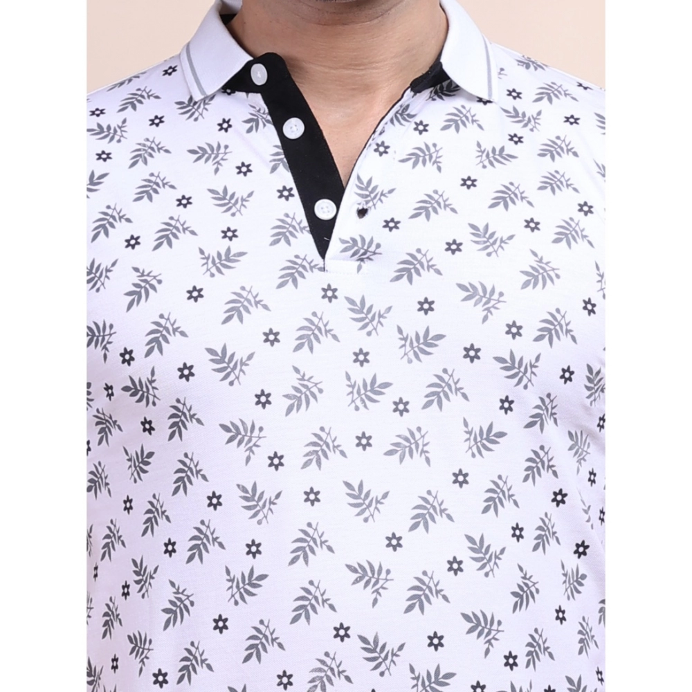 Men's Casual Cotton Printed Polo Neck Half Sleeve T-Shirt (White) - Image 6
