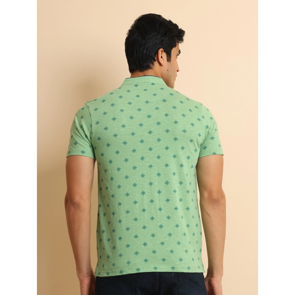 Men's Casual Cotton Printed Mandarin Collar Half Sleeve T-Shirt (LightGreen) - Image 2