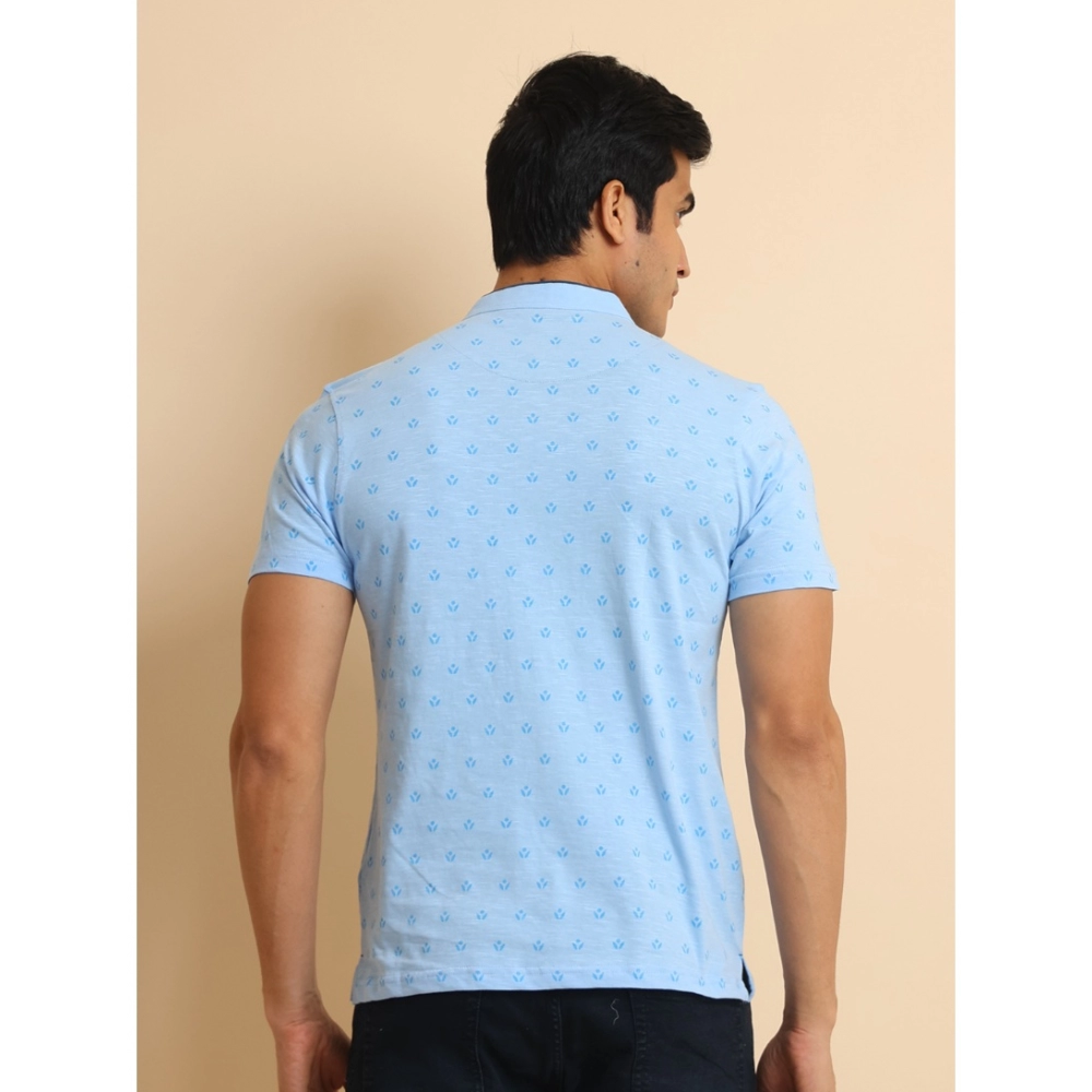 Men's Casual Cotton Printed Mandarin Collar Half Sleeve T-Shirt (Skyblue) - Image 2