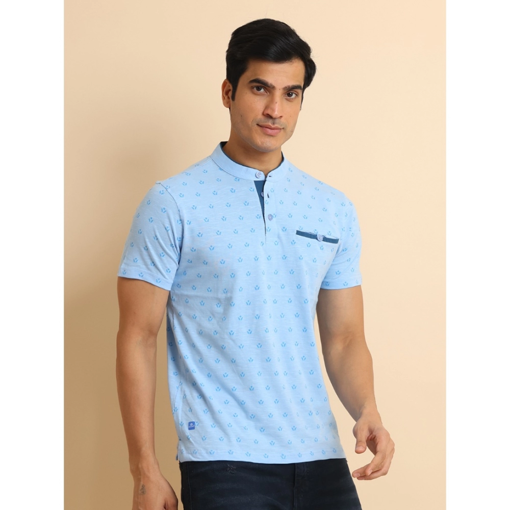 Men's Casual Cotton Printed Mandarin Collar Half Sleeve T-Shirt (Skyblue) - Image 3