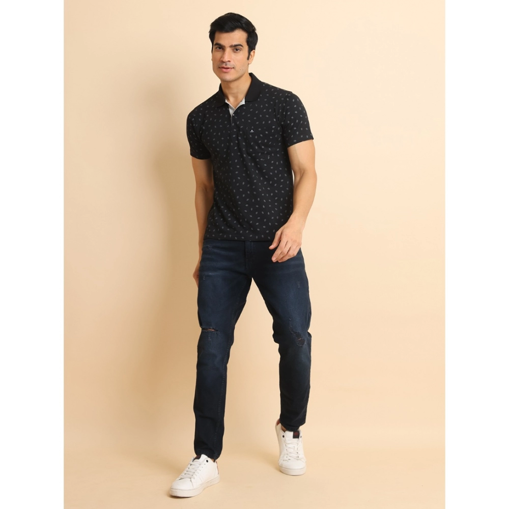 Men's Casual Cotton Printed Polo Neck Half Sleeve T-Shirt (Black) - Image 7