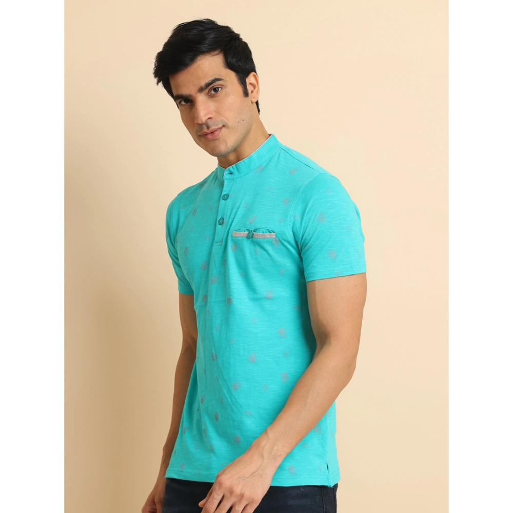 Men's Casual Cotton Printed Mandarin Collar Half Sleeve T-Shirt (Seagreen) - Image 4