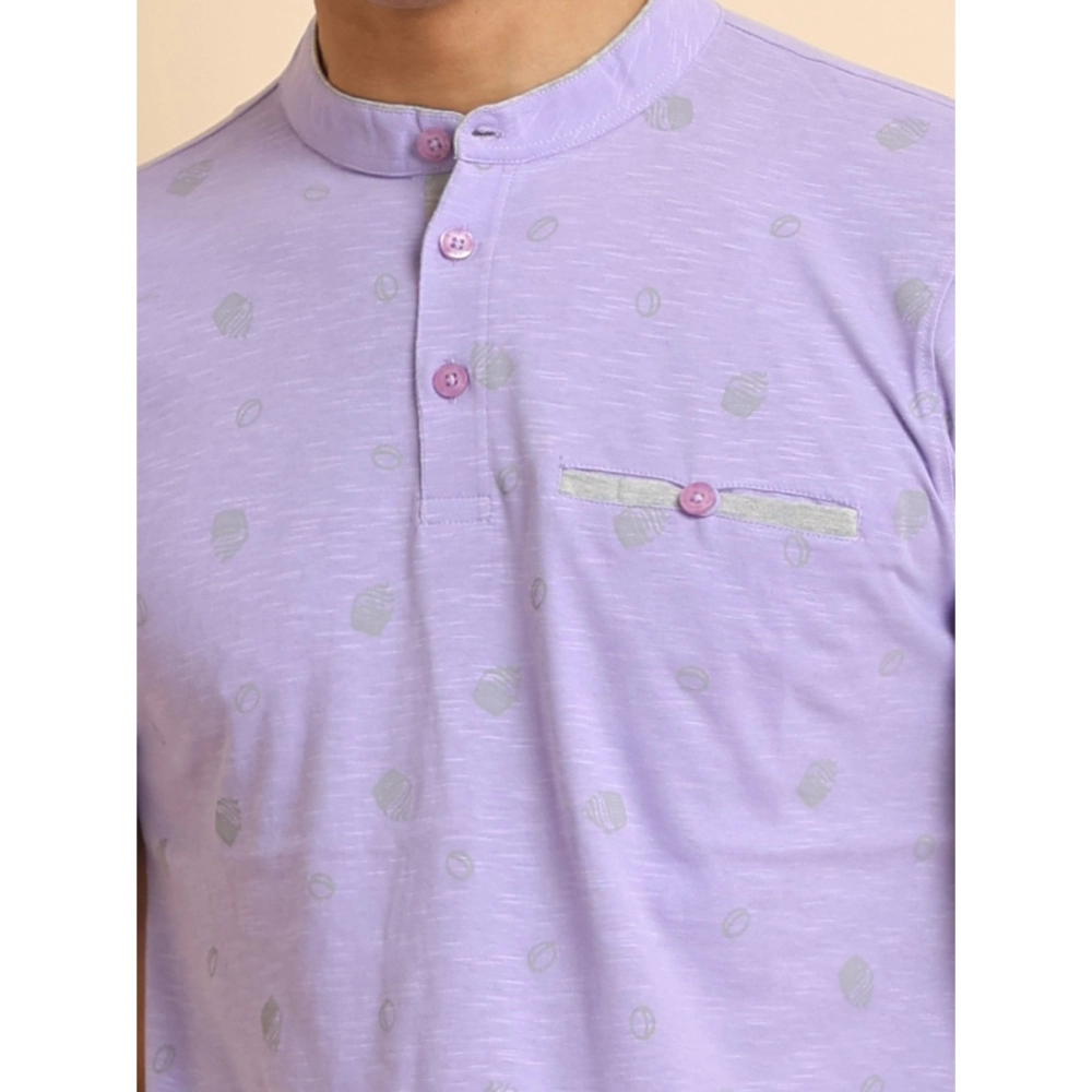 Men's Casual Cotton Printed Mandarin Collar Half Sleeve T-Shirt (Lavender) - Image 6