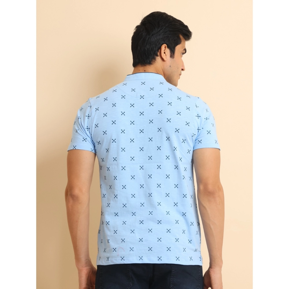 Men's Casual Cotton Printed Mandarin Collar Half Sleeve T-Shirt (Skyblue) - Image 2