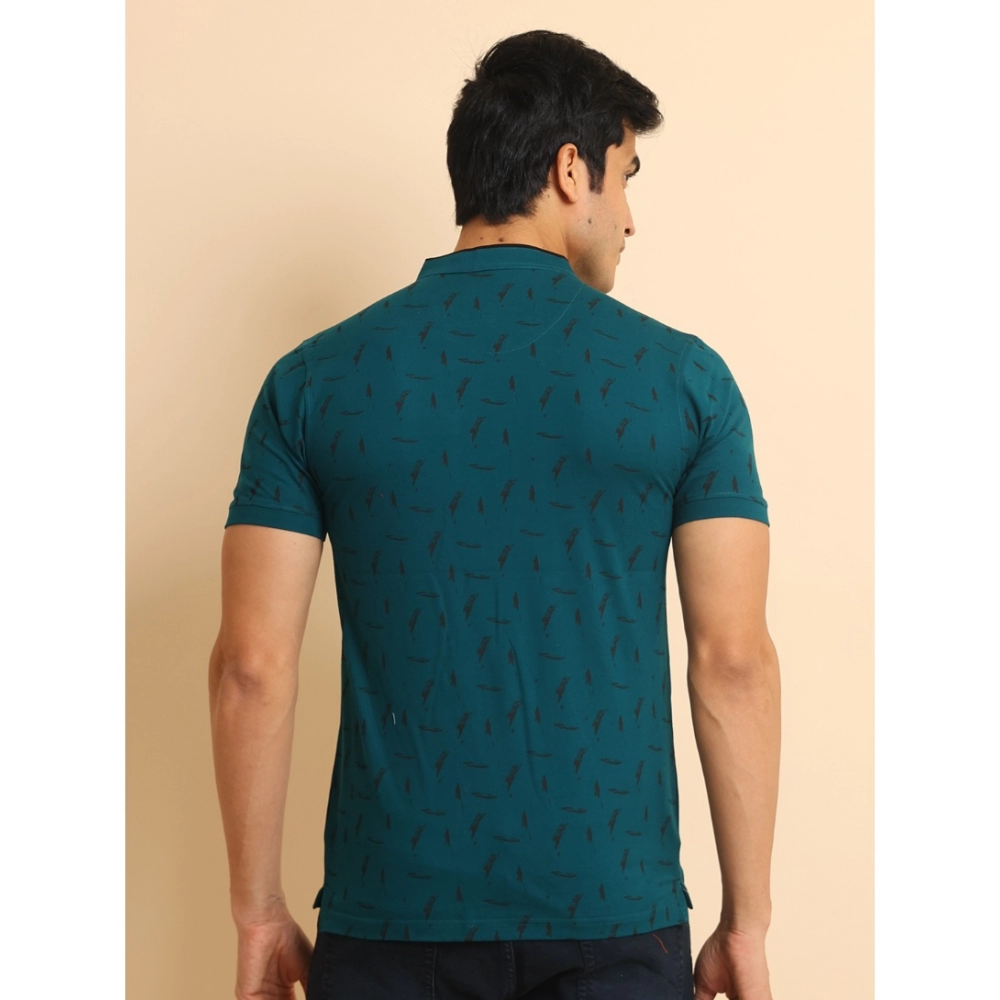 Men's Casual Cotton Printed Mandarin Collar Half Sleeve T-Shirt (Green) - Image 2