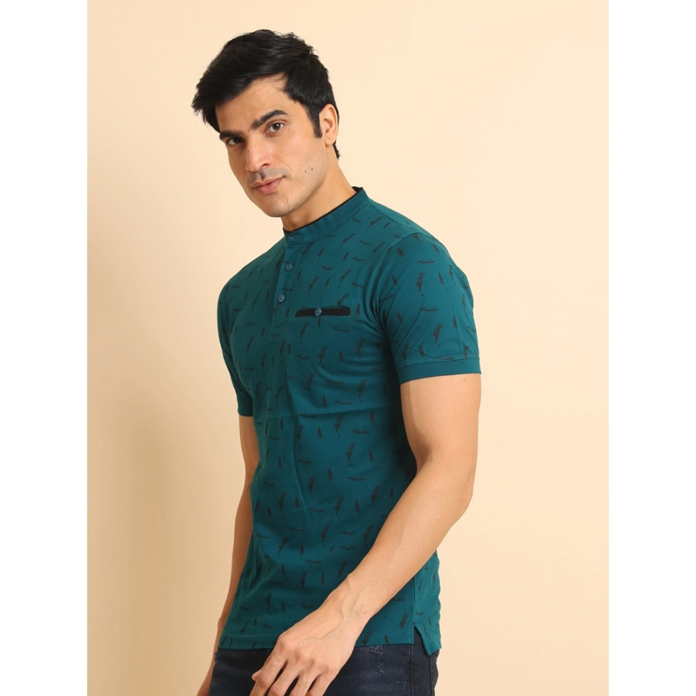 Men's Casual Cotton Printed Mandarin Collar Half Sleeve T-Shirt (Green) - Image 4