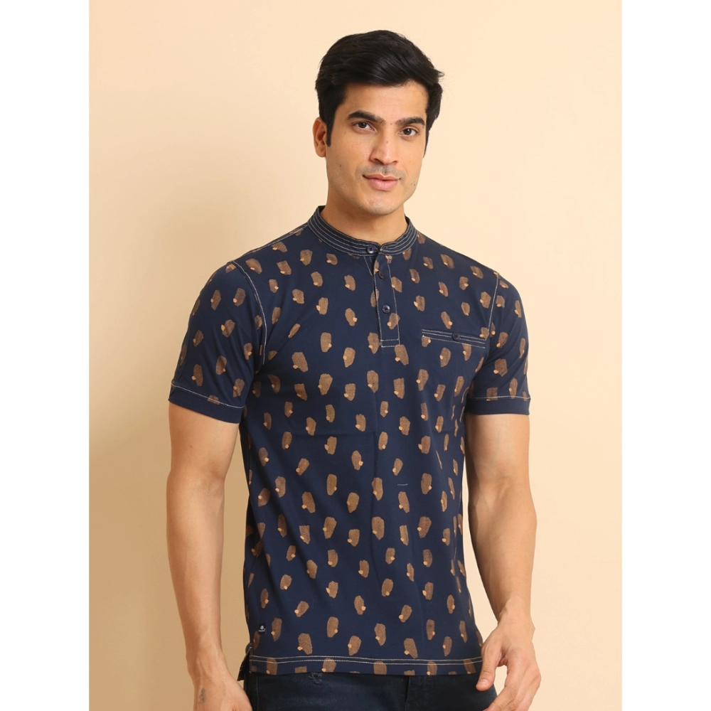 Men's Casual Cotton Printed Mandarin Collar Half Sleeve T-Shirt (Navy) - Image 3