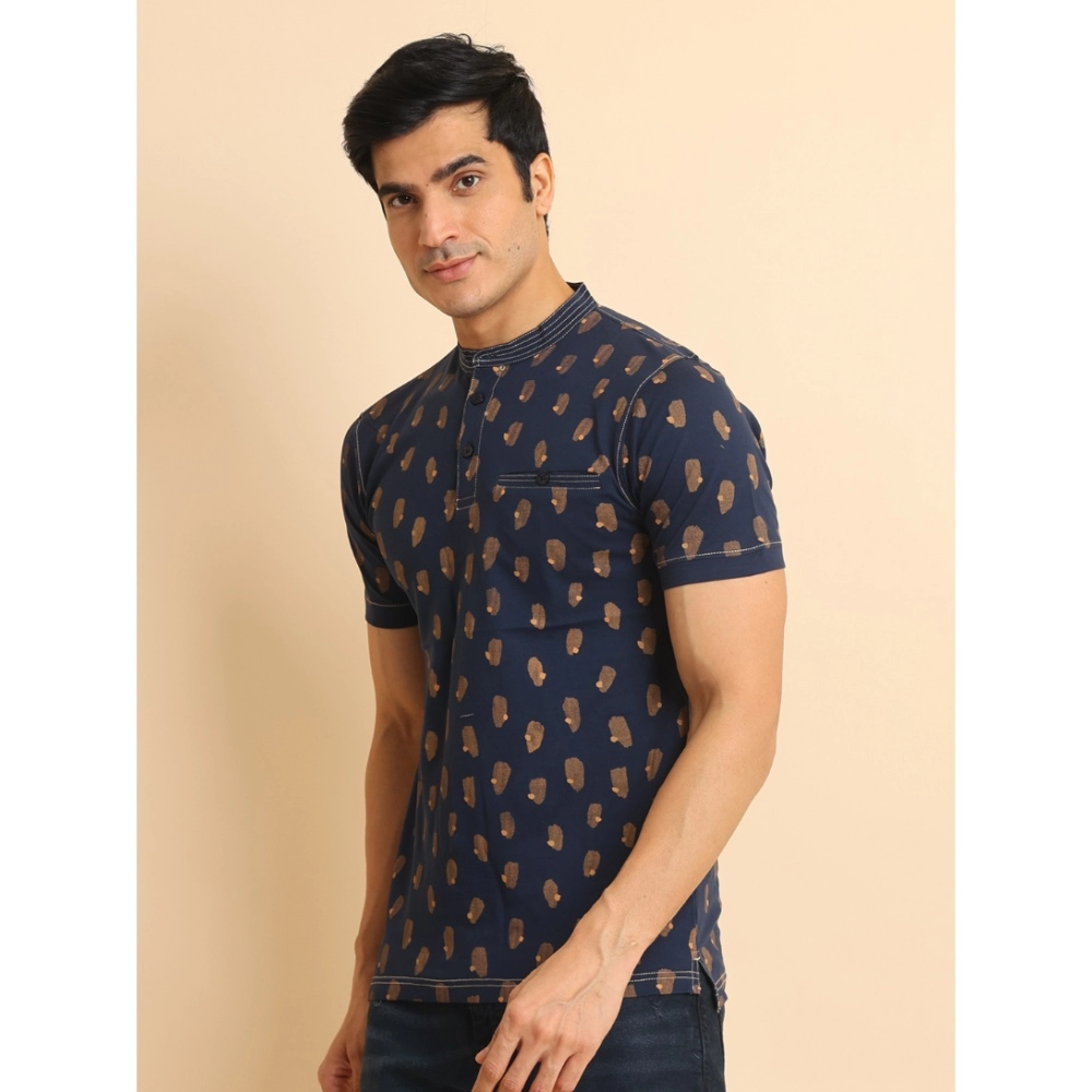 Men's Casual Cotton Printed Mandarin Collar Half Sleeve T-Shirt (Navy) - Image 4