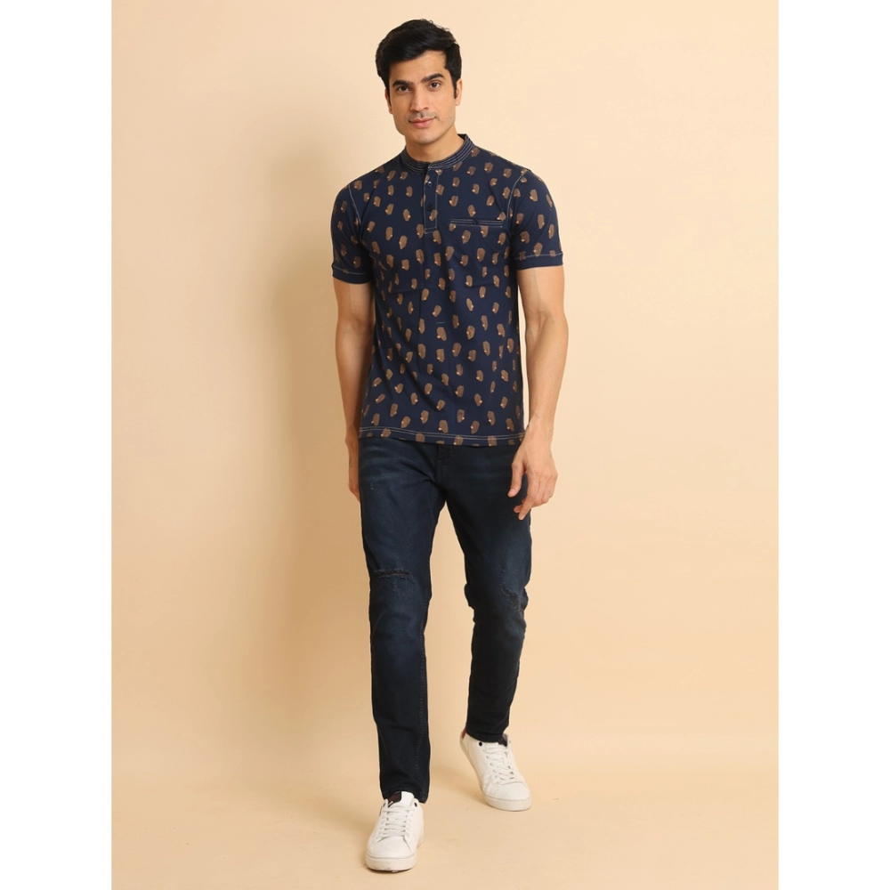 Men's Casual Cotton Printed Mandarin Collar Half Sleeve T-Shirt (Navy) - Image 7