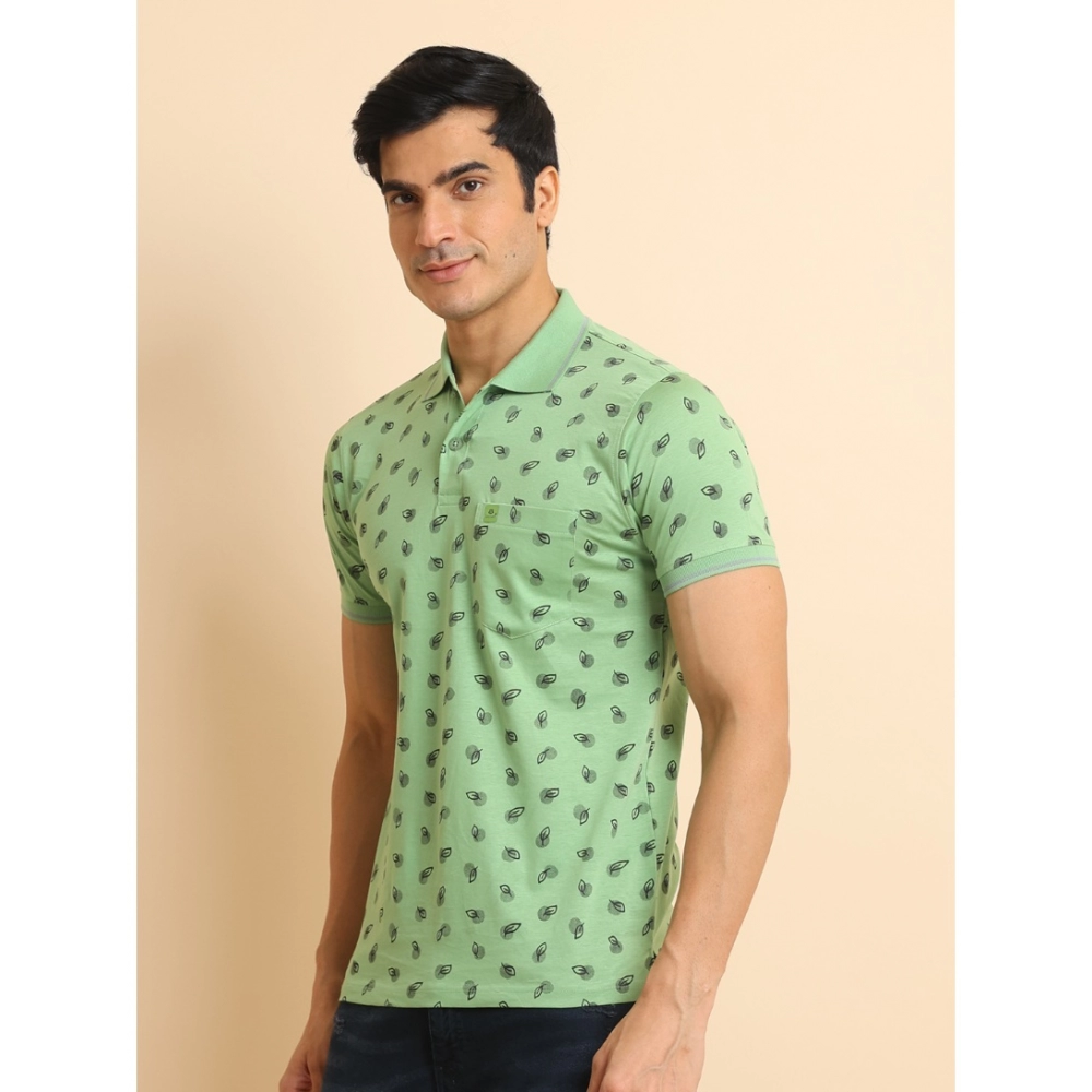Men's Casual Cotton Printed Polo Neck Half Sleeve T-Shirt (Light Green) - Image 4