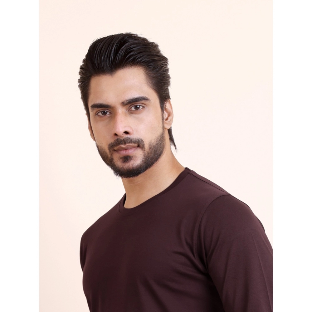 Men's Casual Cotton Solid Round Neck Full Sleeve T-Shirt (Wine) - Image 3