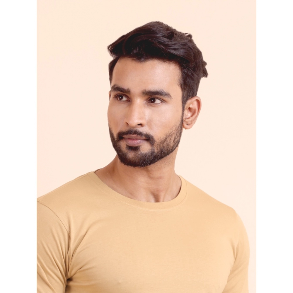 Men's Casual Cotton Solid Round Neck Full Sleeve T-Shirt (Beige) - Image 3