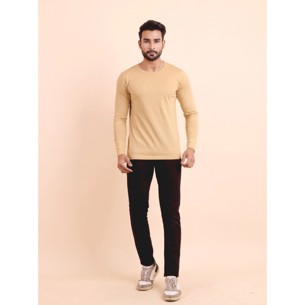 Men's Casual Cotton Solid Round Neck Full Sleeve T-Shirt (Beige) - Image 7