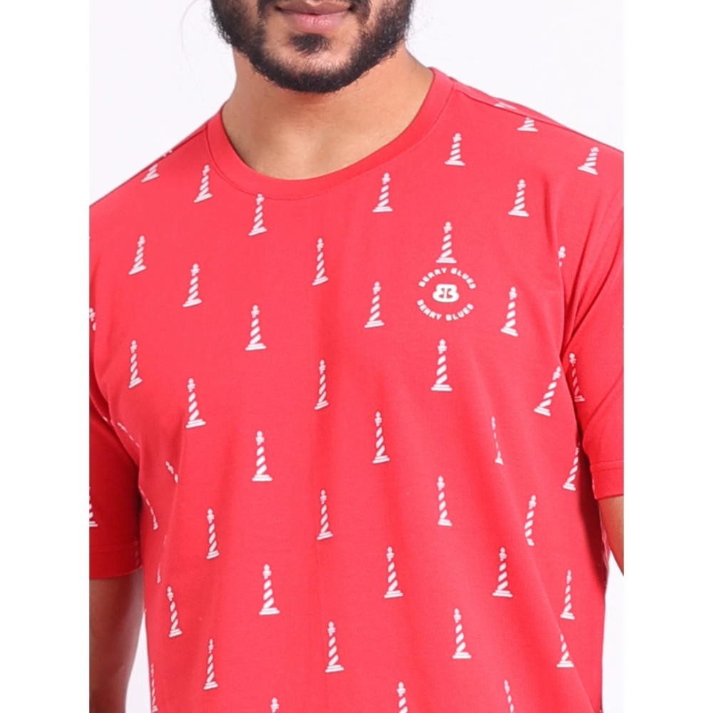 Men's Casual Cotton Printed Round Neck Half Sleeve T-Shirt (Red) - Image 6